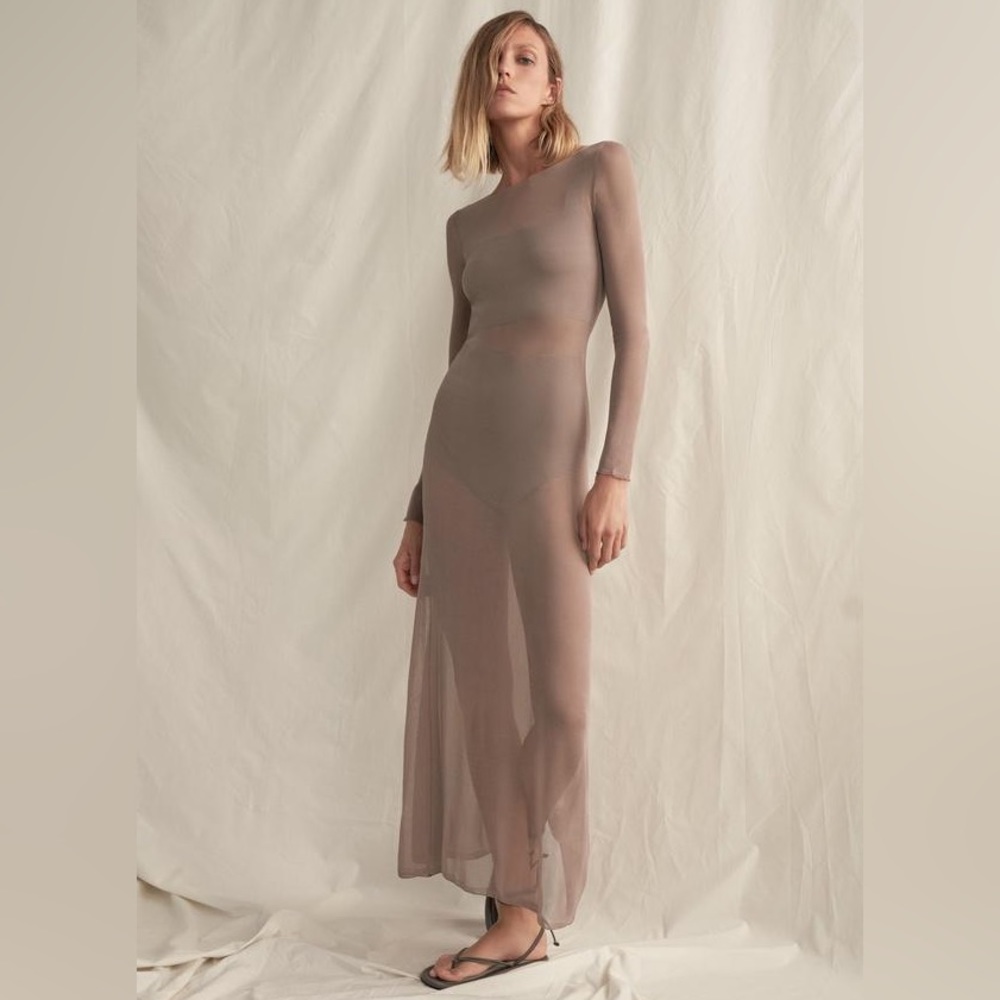 ZARA MINK BROWN LIMITED EDITION SEMISHEER KNIT MAXI DRESS & MATCHING BOTTOMS SET